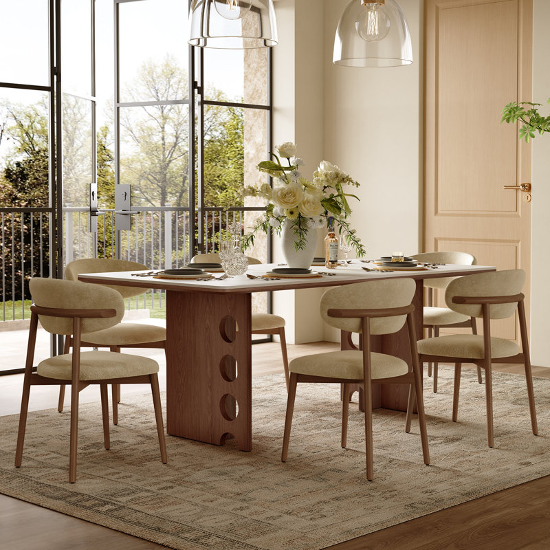 71" Mid Century Dining Table with Sintered Stone Tabletop, Rectangular Kitchen Table with Solid Wood  Pedestal for 6