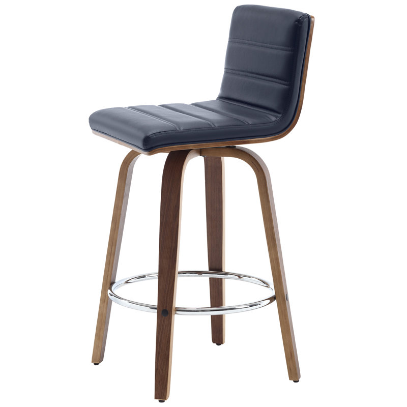 Tabouret pivotant rembourré Bomia avec structure en bois massif et dossier en similicuir en L, Bleu