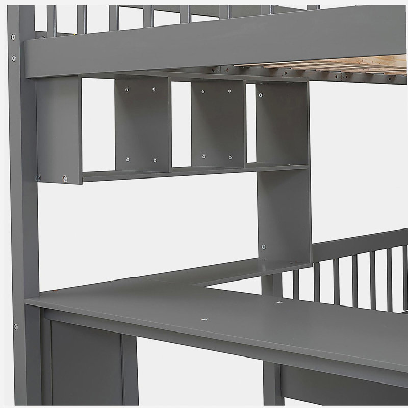 Lit superposé double au-dessus de simple avec bureau, tiroirs et tablettes, gris, Gris