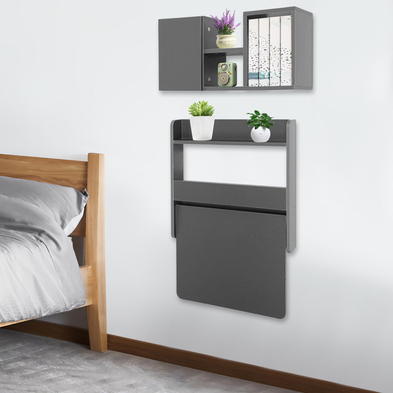 Wall Mounted Solid Wooden Rectangular Bookshelf Folding Down Laptop Writing Desk Log Color, Gray