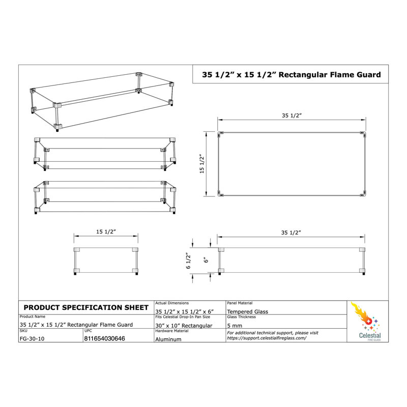 Clear Tempered Glass Fire Pit Wind Guard, 35" x 15" x 6"