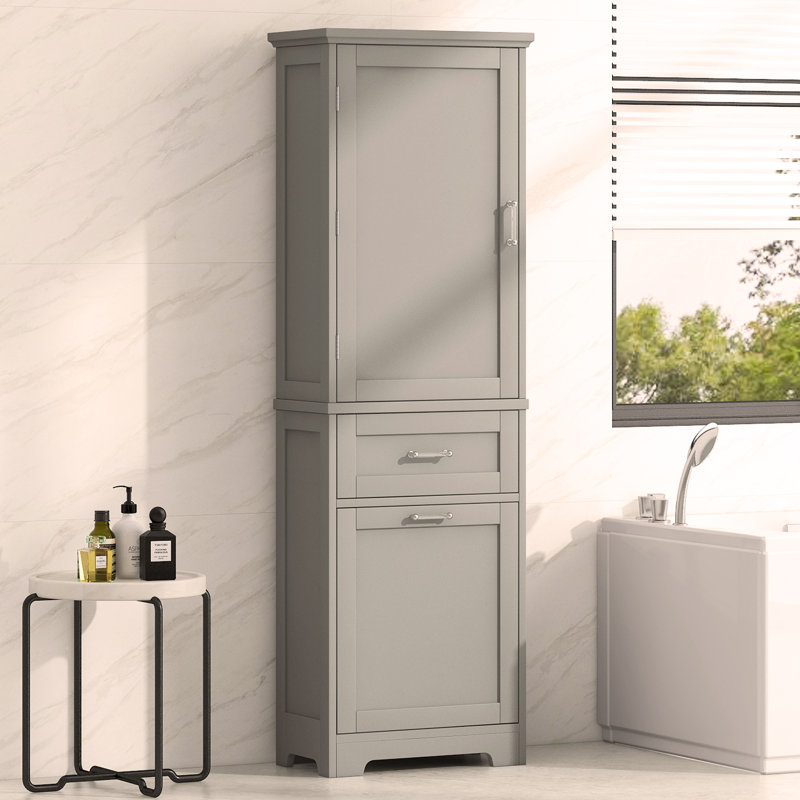 Grande armoire de rangement pour salle de bain, armoire de rangement autoportante avec deux tiroirs de taille différente et tablette réglable