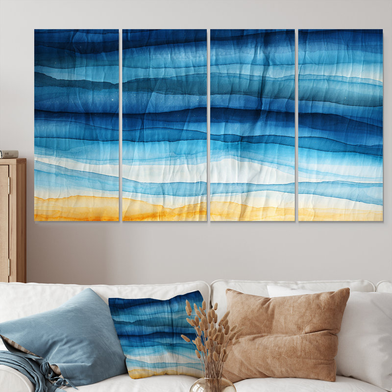 Vagues océaniques à la plage - art mural abstrait bleu 4 pièces, H 32 po x l 64 po