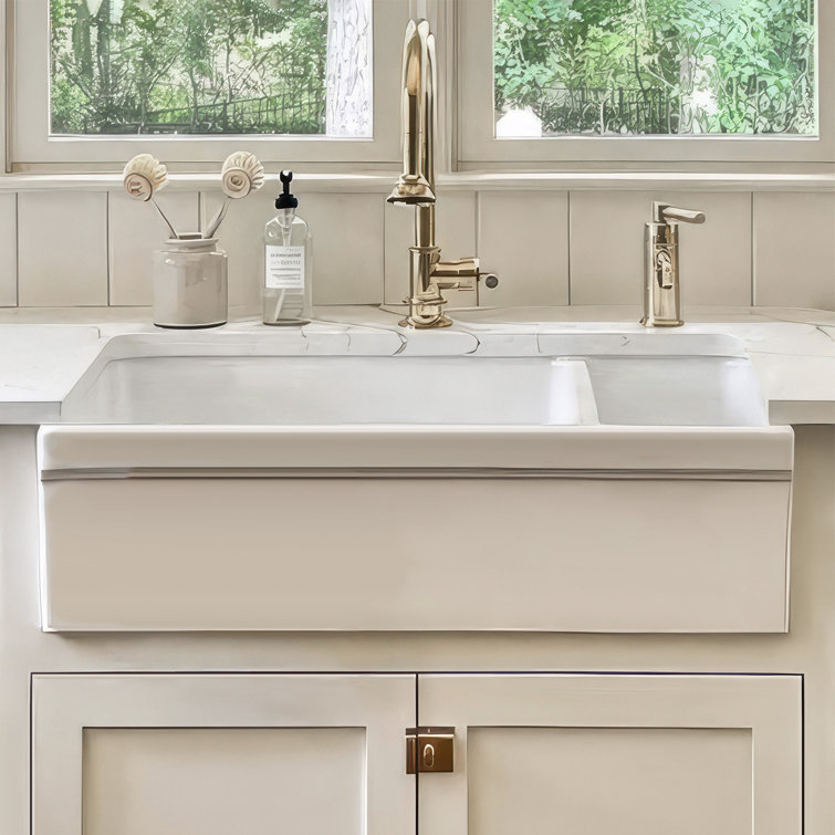 Whitehaus Collection 36" Reversible Large and Small Bowl Fireclay Kitchen Sink: 2½” lip Front Apron