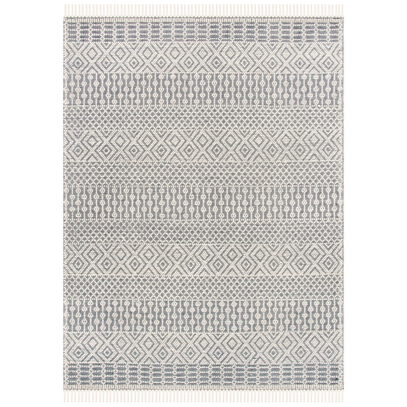 Tapis ivoire / bleu marine en laine tissé à plat à la main Aldeline Southwestren, Rectangle de 11 pi x 15 pi