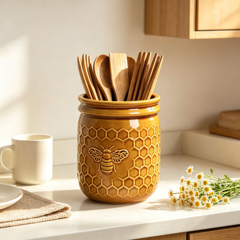 Pot à ustensiles de cuisine en céramique à motif alvéolé et abeille en relief, style rétro, grand pot à ustensiles pour comptoir, organisateur d'ustensiles en céramique pour spatule, décoration pour la cuisine et la maison