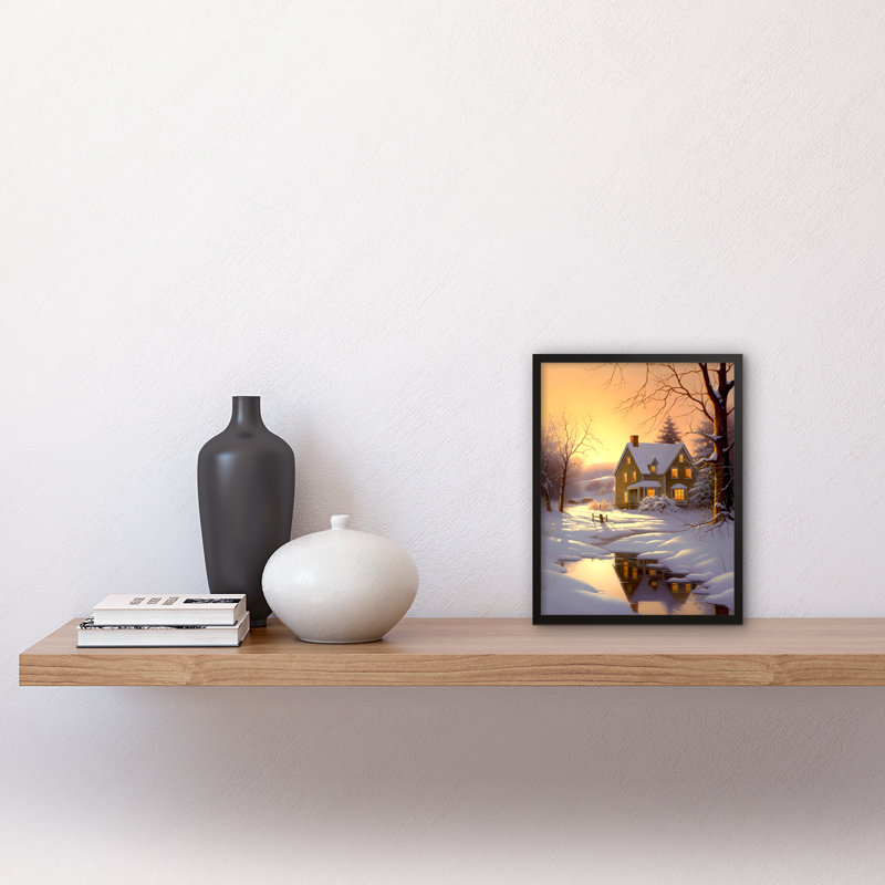 Abdelrahim Sunrise Winter Cottage Landscape Snowy Countryside Lake - Single Picture Frame Print