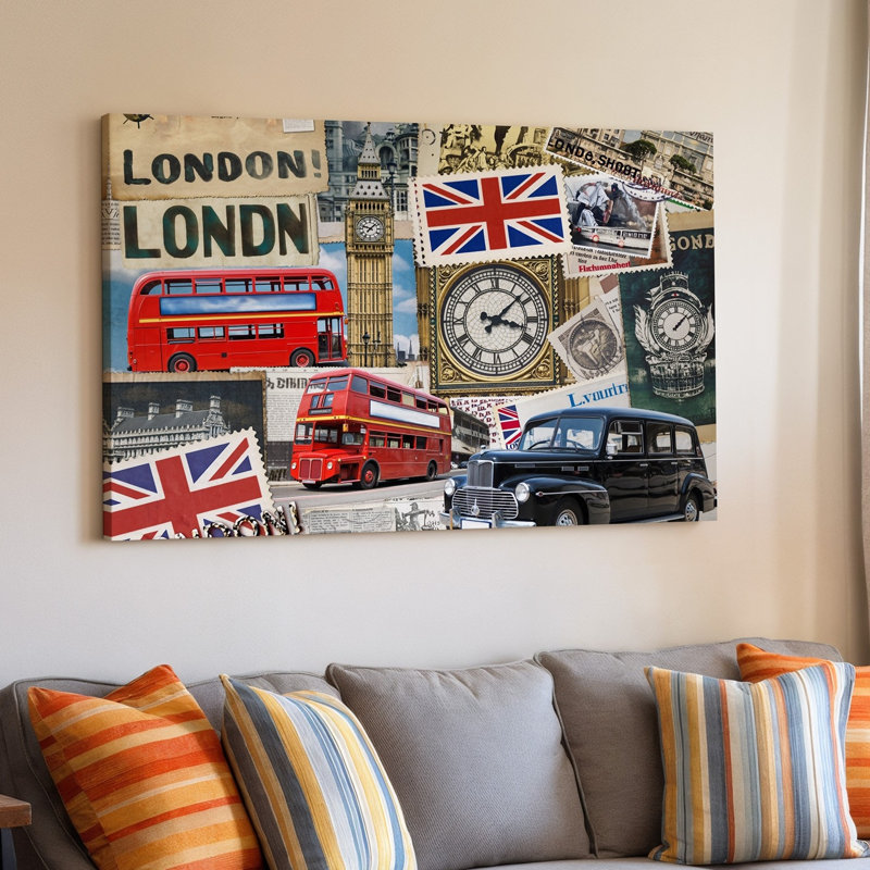 Toile "Un collage vibrant célébrant Londres" avec des éléments emblématiques comme un art mural rouge, H 30 po x l 30 po