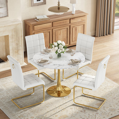 Modern 5-Piece Dining Table Set, 31.5" Round Faux Marble Tempered Glass Table, PU Leather Cantilever Chairs and Stainless Steel Frame, Kitchen & Dining Room Furniture
