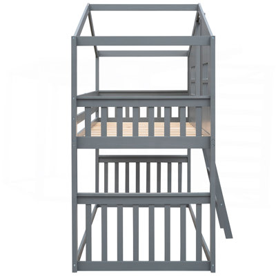 Lit simple superposé simple avec échelle, lit en bois gris