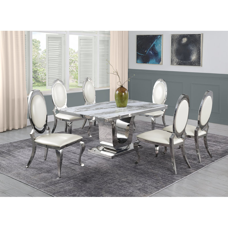 Sipes White Marble Dining Set with White Faux Leather Chairs, White/Silver, 7