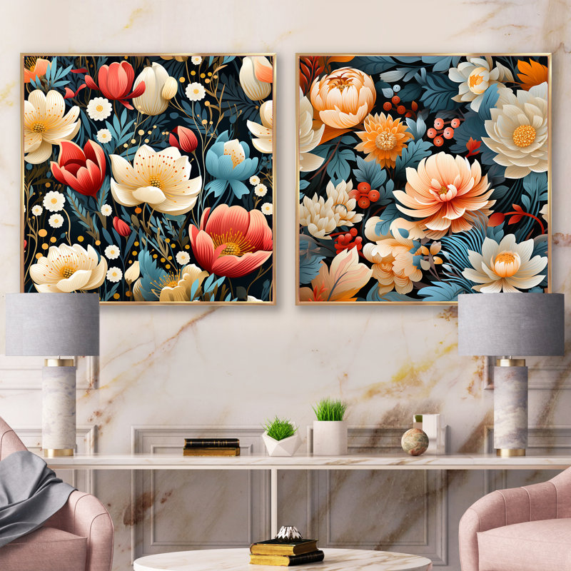 Danville - Ensemble de 2 collages floraux carrés, Cadre flottant doré, H 36 po x l 73 po