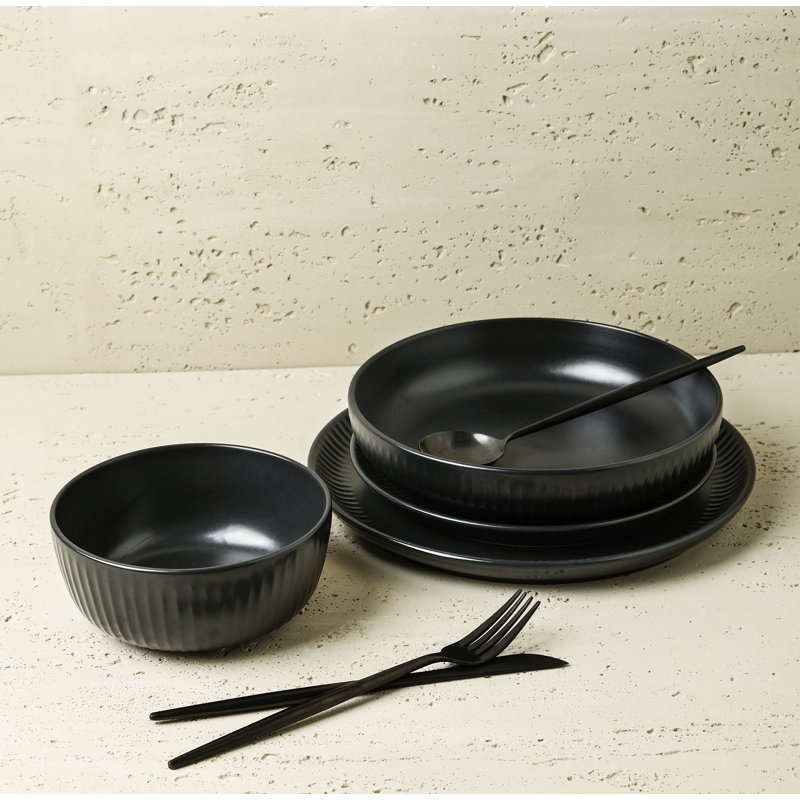 Black Ceramic 16-Piece Dinnerware Set, Service for 4