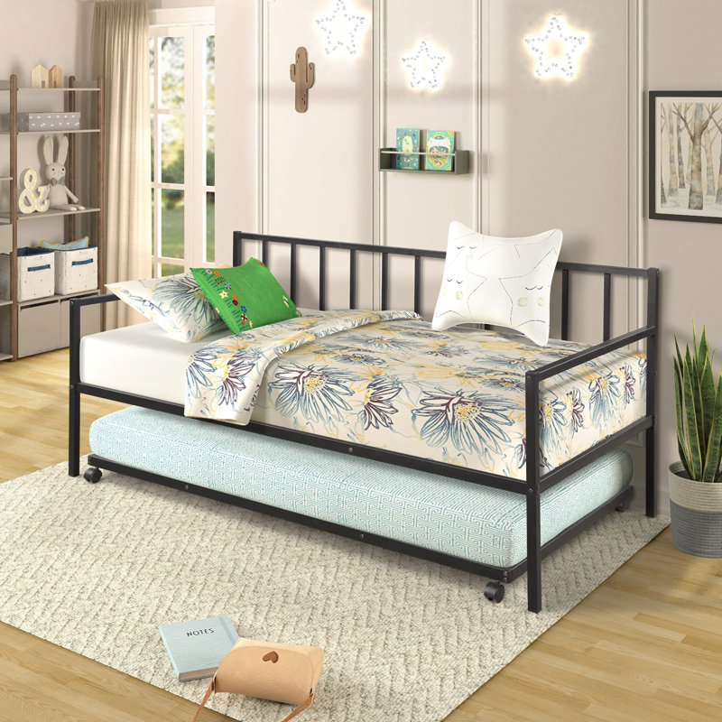 Twin Daybed With Trundle Multifunctional Metal Lounge Daybed Frame For Living Room Guest Room
