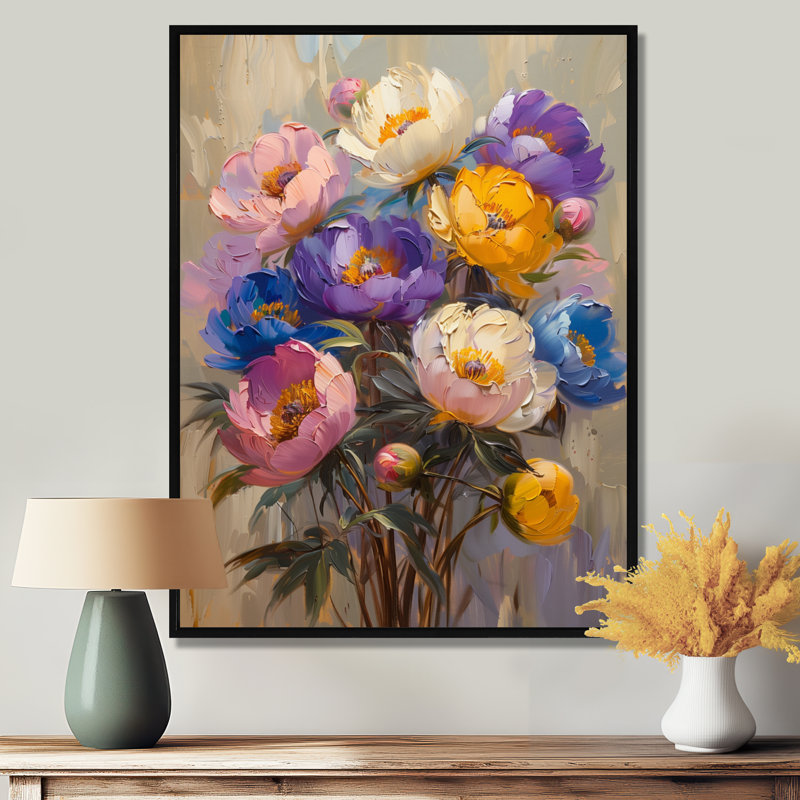 Véronique - pivoines, art mural, salon, H 12 po x l 20 po, Cadre noir