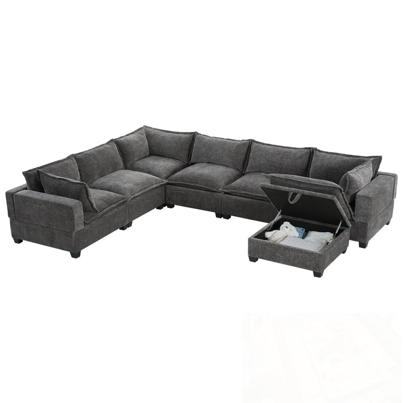 Canapé modulaire en U avec rangement et repose-pieds Chenille, Gris