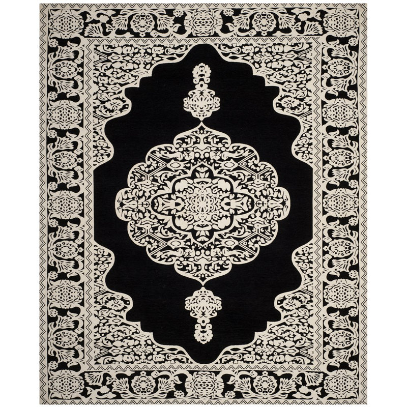 Tapis oriental noir / ivoire tissé à plat à la main Jamison, Carré 6 pi