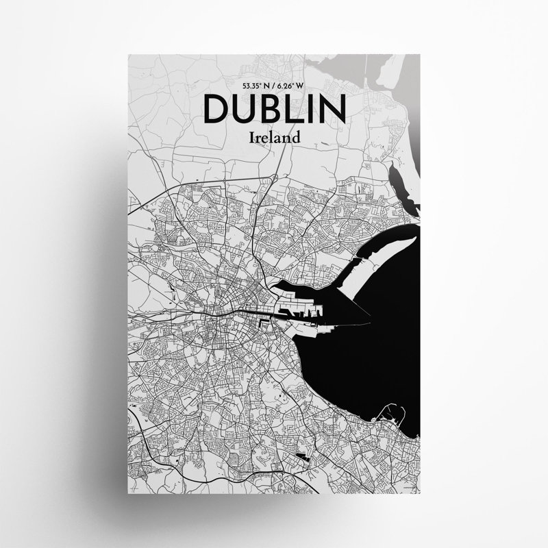 «Dublin City Map», impression de luxe, H 36 po x l 24 po, Noir / blanc