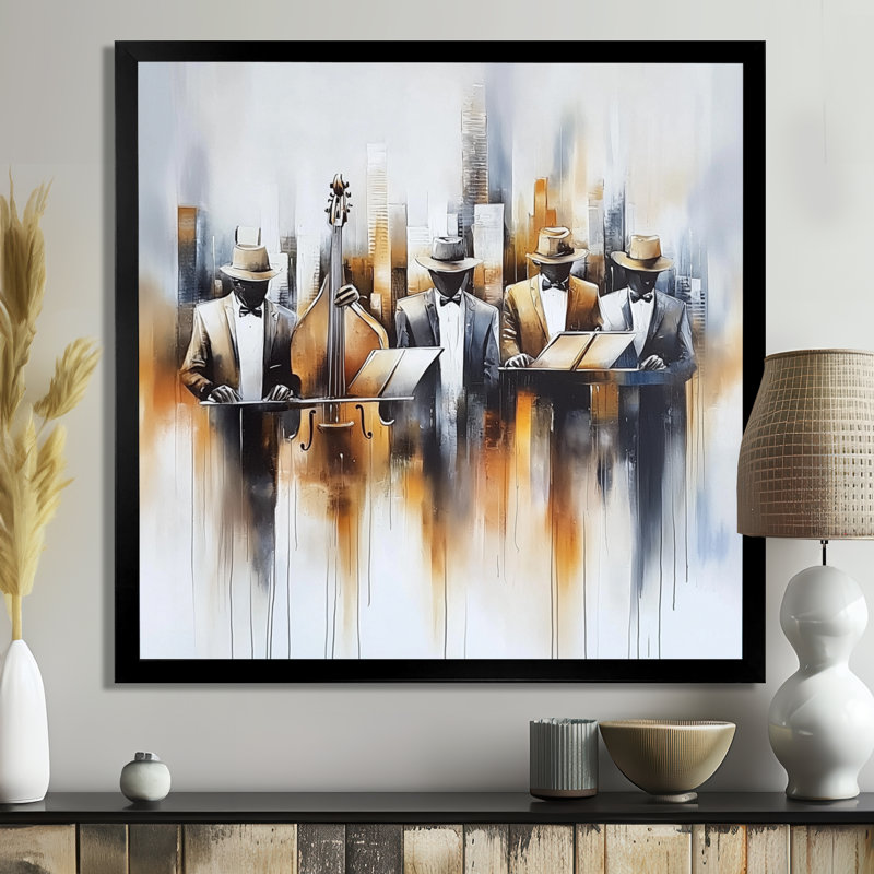 «Abstract Jazz Musisans In The Studio I - Music Jazz», reproduction sur toile, H 36 po x l 36 po, Reproduction encadrée, Noir