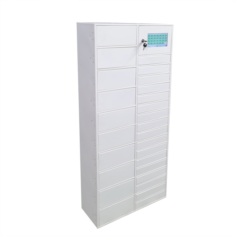 Armoire de rangement sécurisée à écran tactile en métal blanc à accès restreint 27 fentes l 21 po x P 9 po x H 50 po Fixturedisplays® 10224