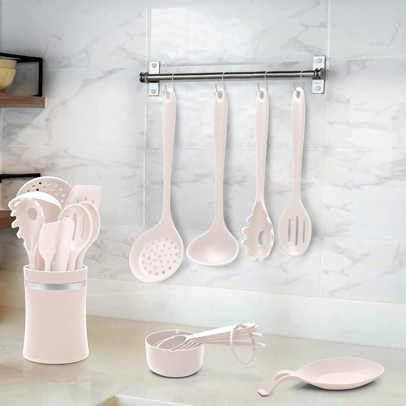 Ensemble 28 ustensiles de cuisine en silicone 28 pièces, sans BPA, antiadhésif, kaki
