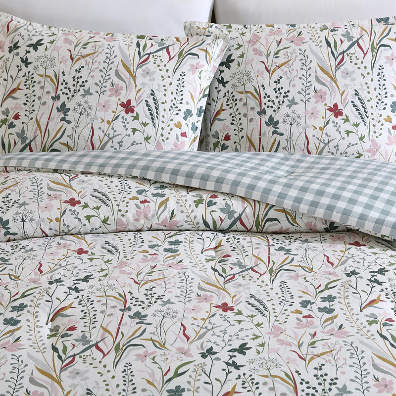 Twin White Cotton Reversible Floral Comforter Set