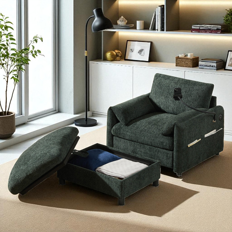 Upholstered Accent Armchair With Storage Ottoman, Green