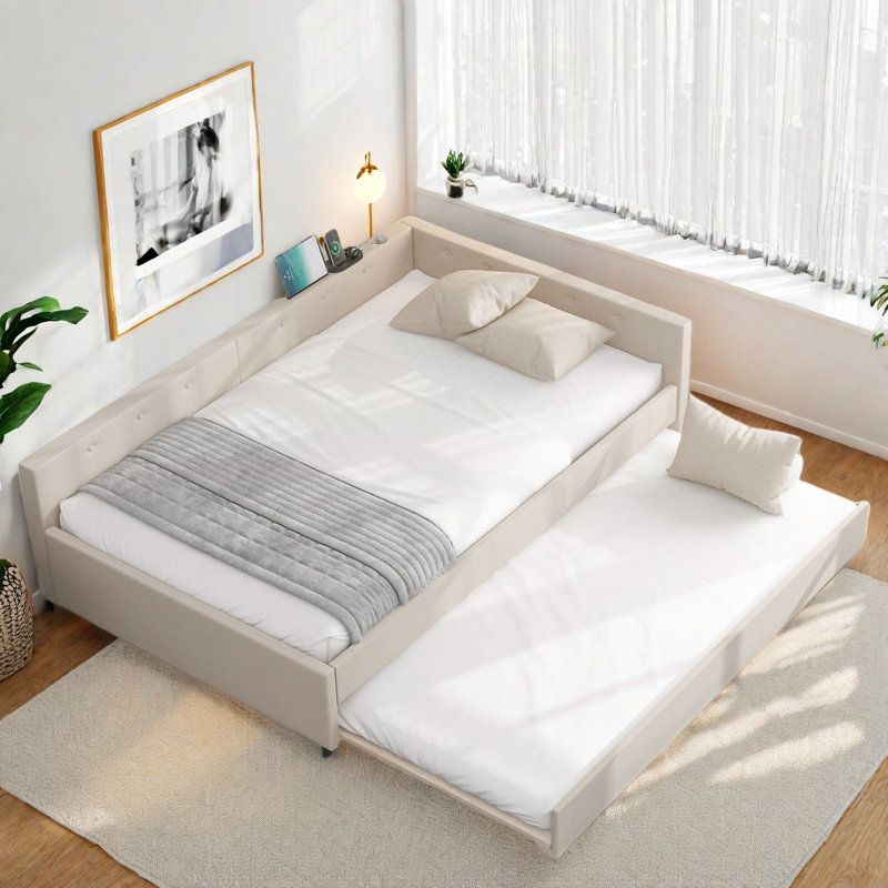 Upholstered Platform Bed With Usb And Trundle, Full
