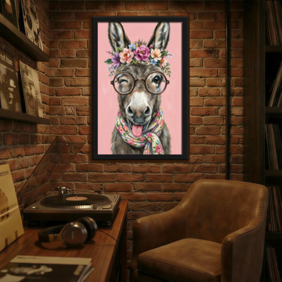 Animaux, âne avec fleurs, lunettes, foulard, fond rose