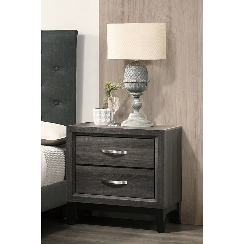 Table de chevet rustique en chêne gris avec 2 tiroirs, 2 tiroirs en bois massif