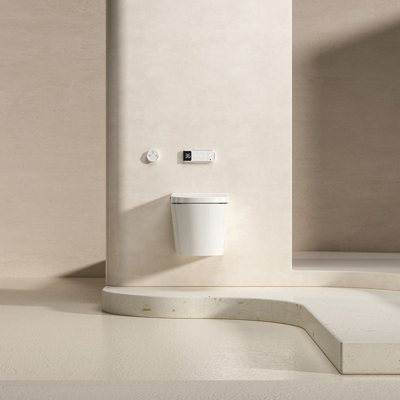 MEJE New Smart Wall Hung Toilet Combo, with Built in Bidet, Heated Seat, Warm Air Dryer,Auto Flush, Auto Open and Close, Remote Control, Night Light, White (Include in-Wall Carrier)