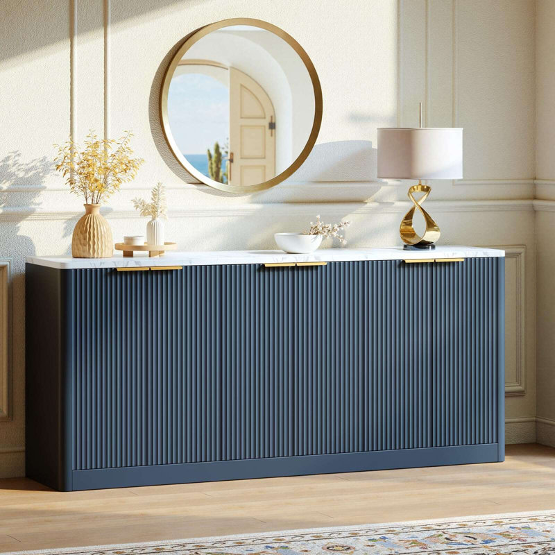 Buffet 67 po avec rangement cannelé, grand buffet avec 6 portes pour le salon ou la chambre à coucher, Marine