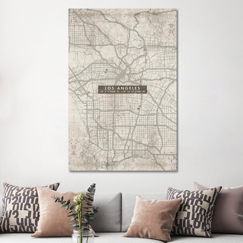 Los Angeles City Map Abstract by WallDecorAddict - Wrapped Canvas Print, 152.5 cm H x 101.5 cm W