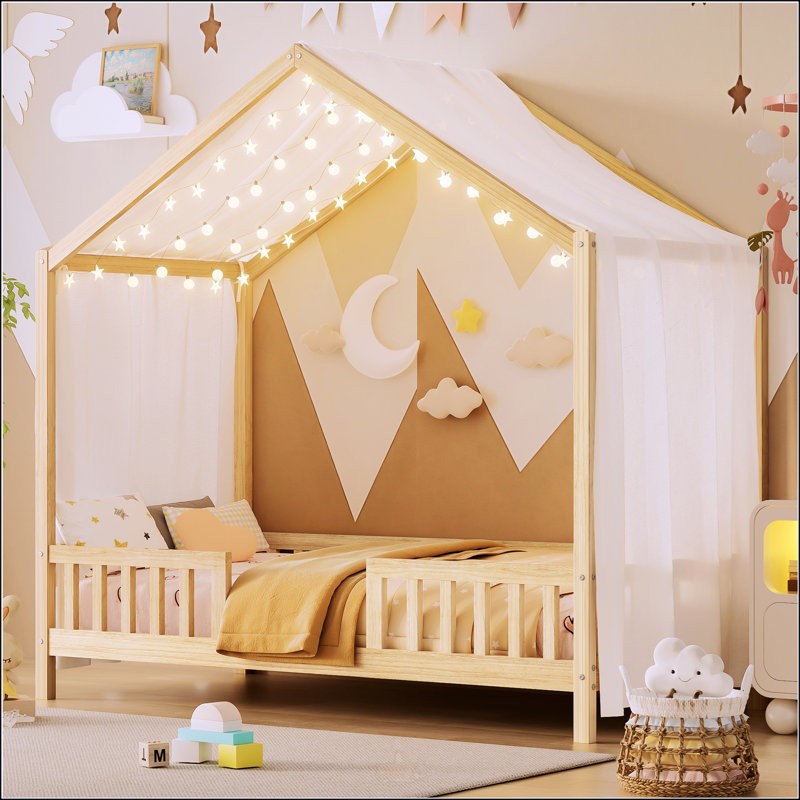 Lit de sol avec auvent Montessori, Lit simple, Blanc
