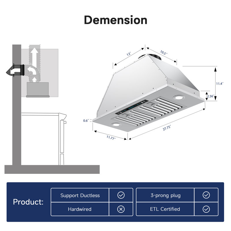 Hotte de cuisine encastrable 30 pouces 900 CFM en acier inoxydable avec lumières DEL, contrôle des mouvements ACL, 30"
