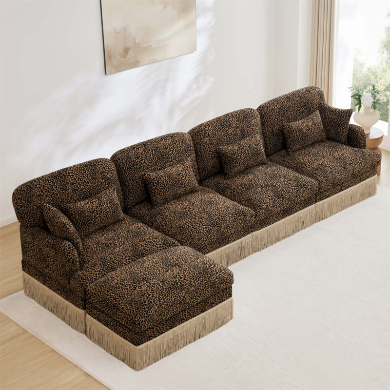Canapé modulaire en L de 131 po avec 1 repose-pieds - Canapé modulaire en chenille à imprimé léopard, siège profond, repose-pieds mobile, garniture à pampille, assemblage facile