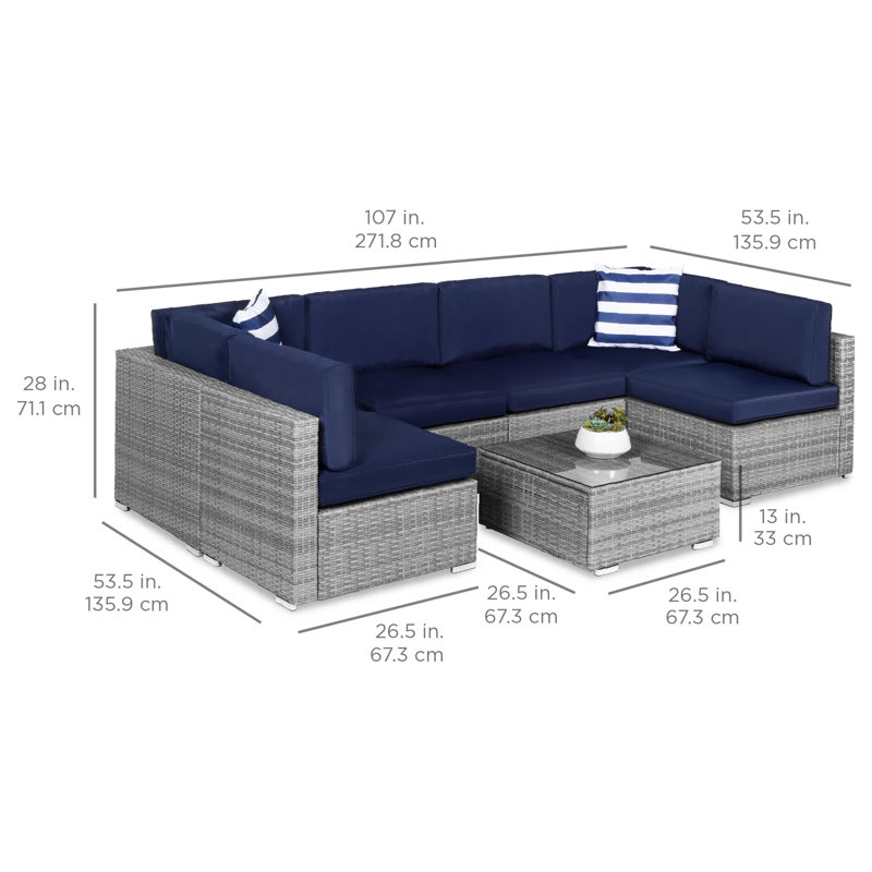Gray and Navy 7-Piece Outdoor Wicker Sectional Set with Cushions