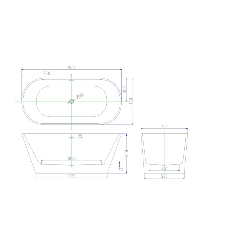 Ramiro 1550mm x 650mm Soaking Acrylic Bathtub