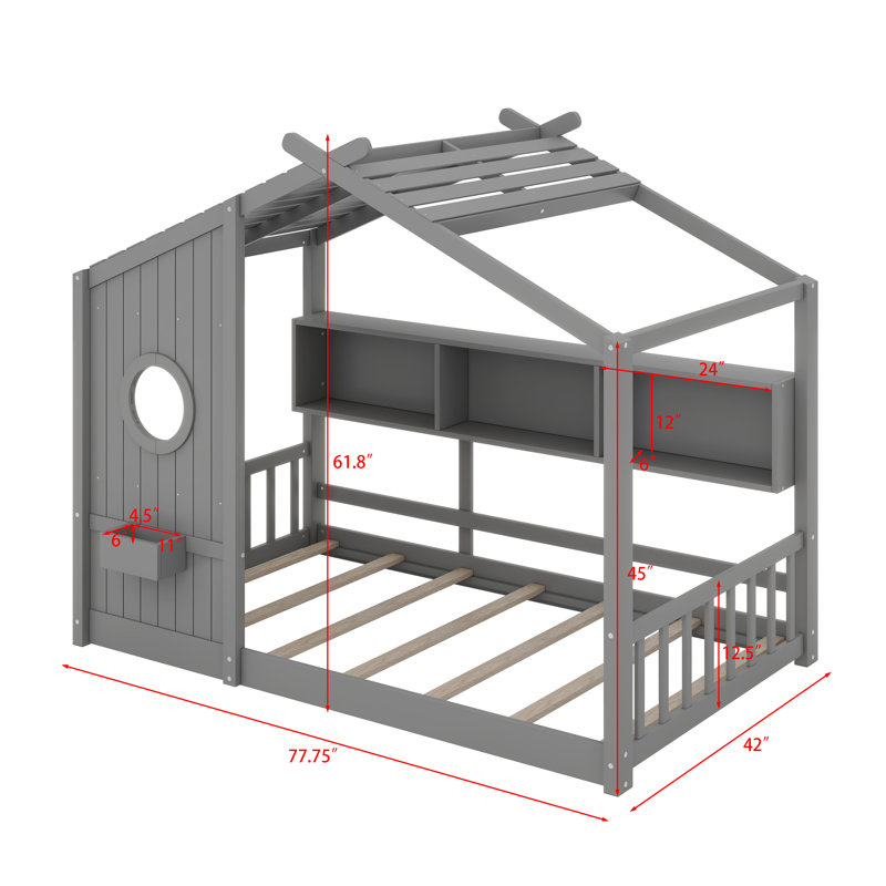 Conception de maisonnette avec tablette de rangement et base de lit en bois, Gris, Lit simple