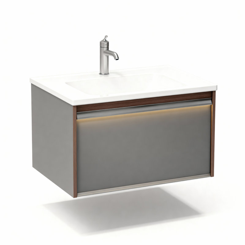 Meuble-lavabo mural à 1 tiroir l 32 po x P 18 po Lil en chêne Karson avec comptoir en céramique blanche et lumière DEL