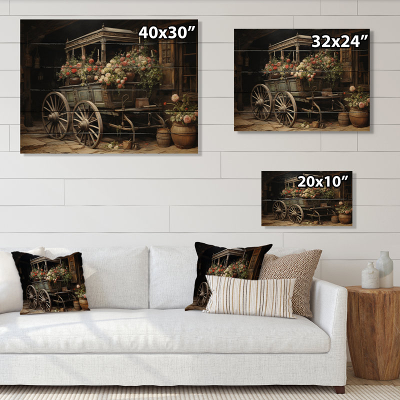 Vieux chariot gris de fleurs II sur bois, H 10 po x l 20 po x P 0,78 po