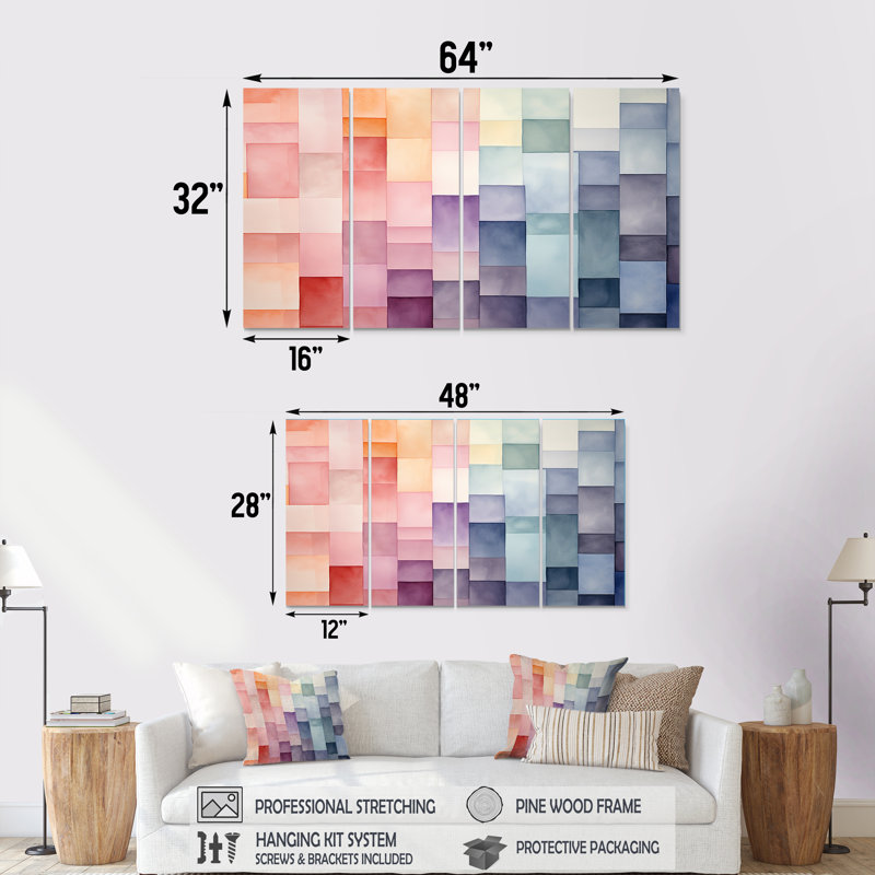 Multicolor Cubes Patterns III - Abstract Geometric, art mural 4 pièces, H 28 po x l 48 po