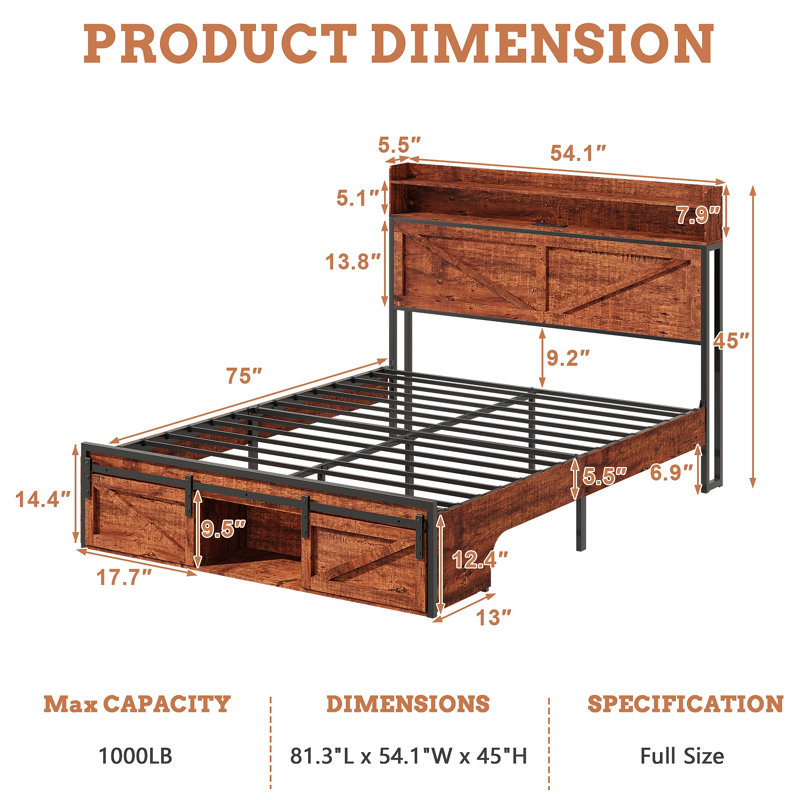 Structure de lit avec tête de lit, compartiments de rangement au pied du lit et éclairage à DEL, équipée d'une plateforme en métal antidérapante et silencieuse avec support de matelas et support de lattes en métal robuste