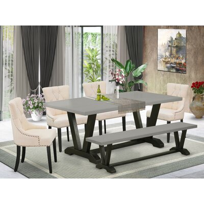 Ailt 6-Pc Dining Table Set - 4 Parson Chairs, A Wood Bench Cement Top And 1 Modern Cement Table Top With Button Tufted Chair Back - Wire Brushed Black -  Winston Porter, EBEF0C42FDB14EBAA5DF4661464E6B31