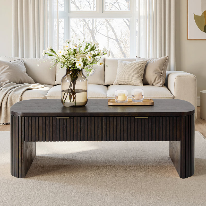 Kaybri Filipo Modern 46.5"W Fluted Solid Wood OAK Coffee Table with Storage, Black