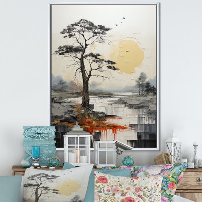 «Maedot Grey Yellow Minimalisme Tree Solitude III», reproduction sur toile