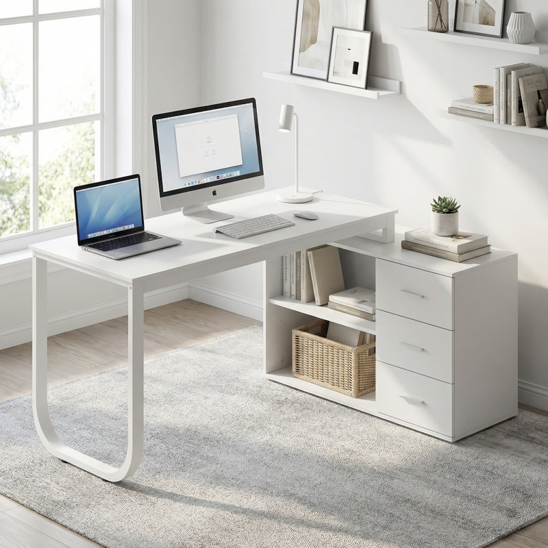 Latwon L-Shaped Writing Desk, White