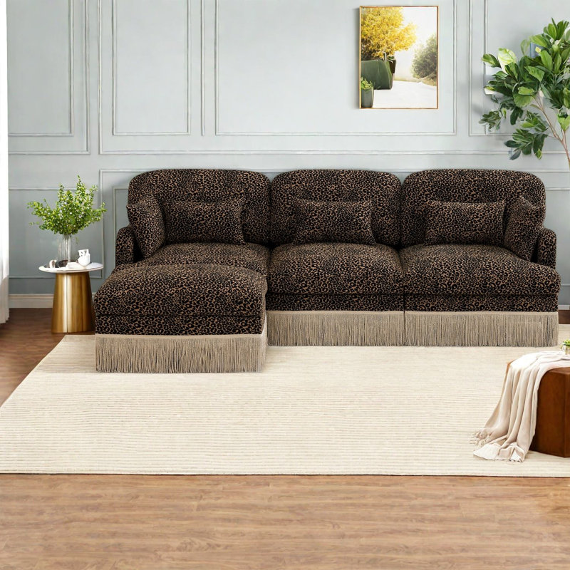 Modern Sofas, 100 Inch Chenille Leopard Sectional With Ottoman For Home