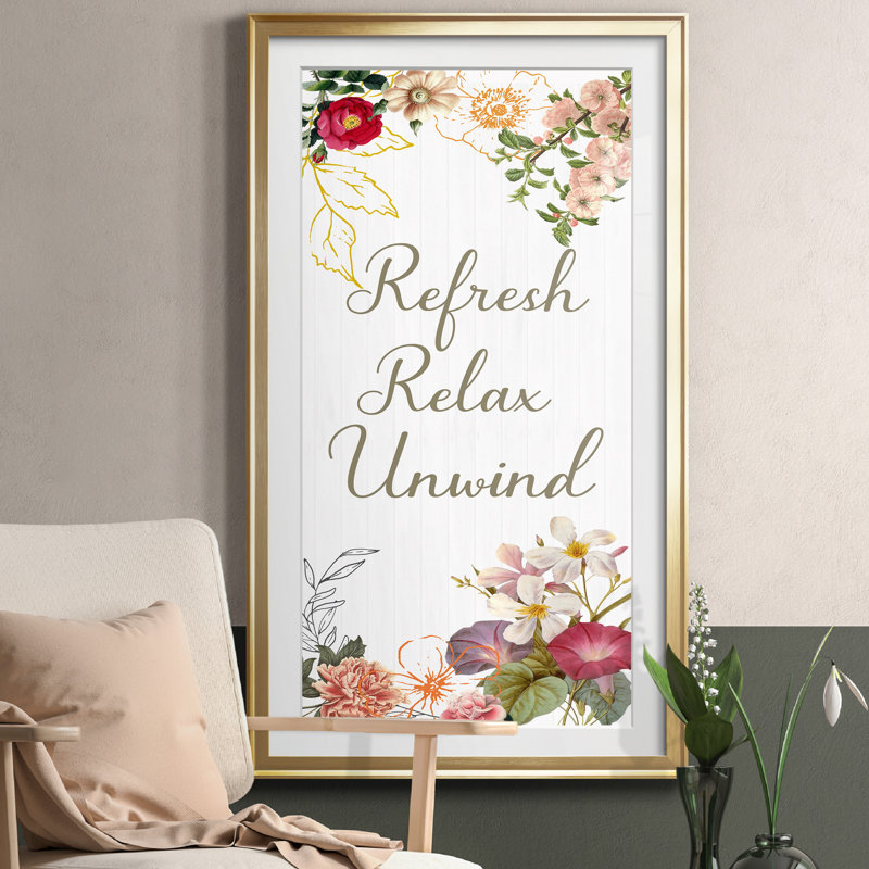 Refresh, Relax, Unwind - Art textuel avec cadre photo, Doré, H 10,5 po x l 18,5 po x P 1,5 po