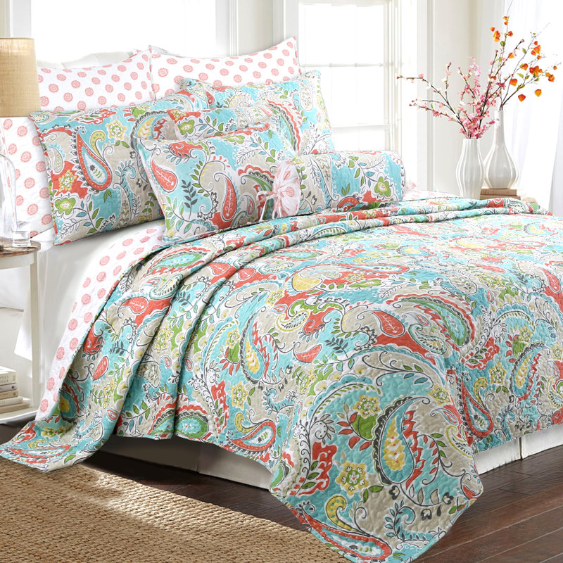 Ensemble de courtepointe réversible en microfibre bonbon bleu sarcelle / vert / bleu sarcelle 6 pièces